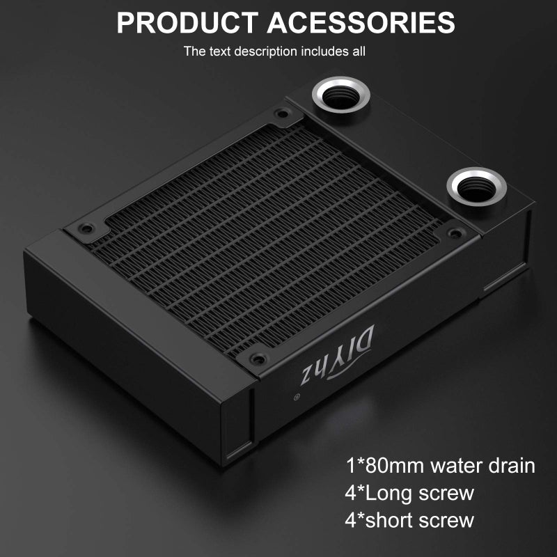 DIYhz Water Cooling Computer Radiator, 8 Pipe Aluminum Heat Exchanger Liquid Cooling Radiator G1/4 Thread Heat Row Sink 80mm for CPU PC Laser Water Cool System DC12V Black - Image 2